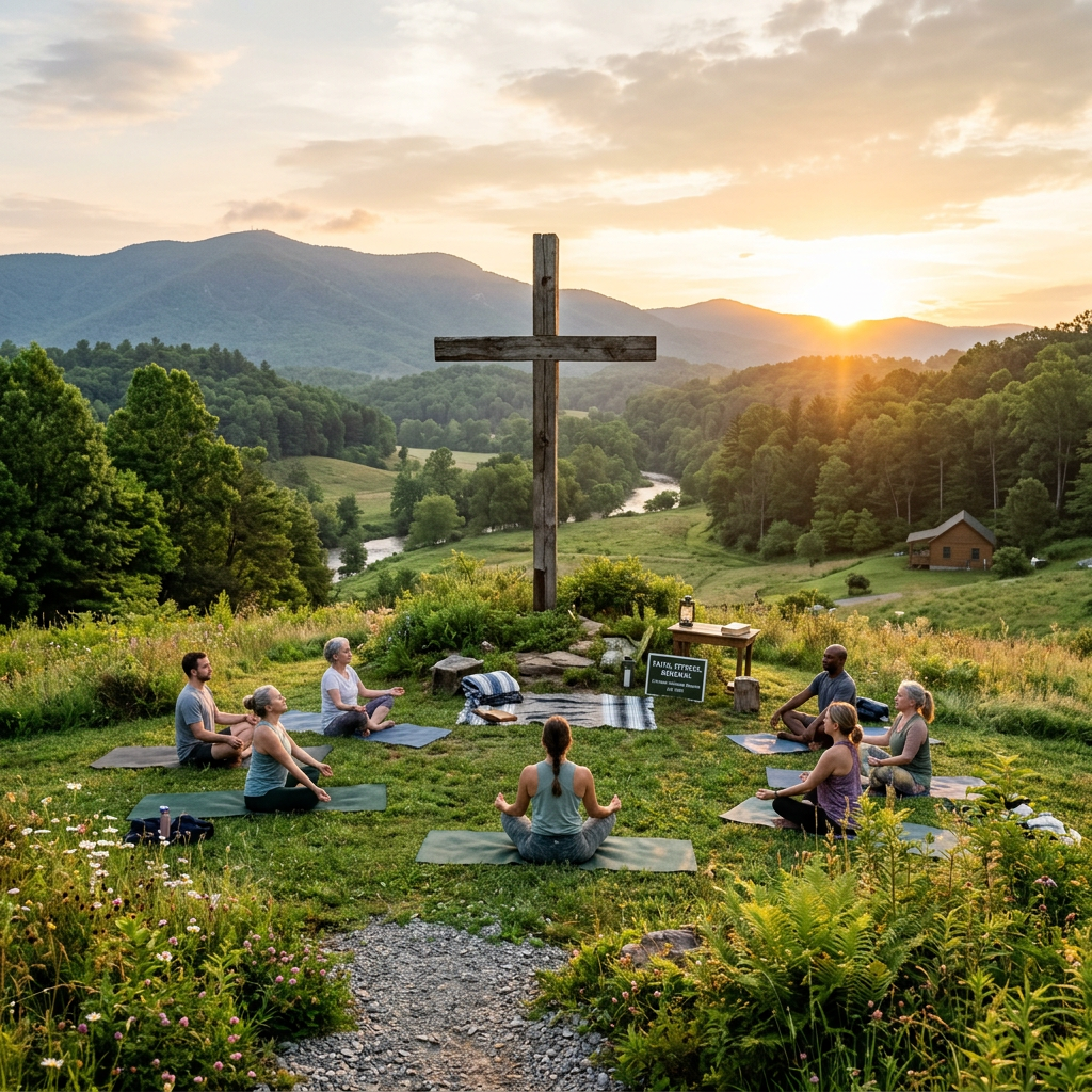 Group meditating on yoga mats around a wooden cross at sunset with mountains and river in background
